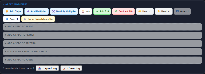 The Apply Modifiers dev panel, showing the human-play log with "3 recorded decisions" and the Export log button