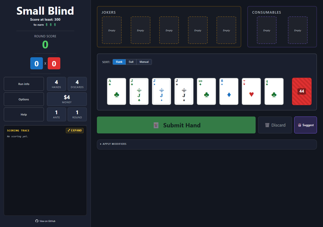 Browslatro gameplay — Small Blind, an empty joker row, your hand, and the Submit / Discard / Suggest buttons